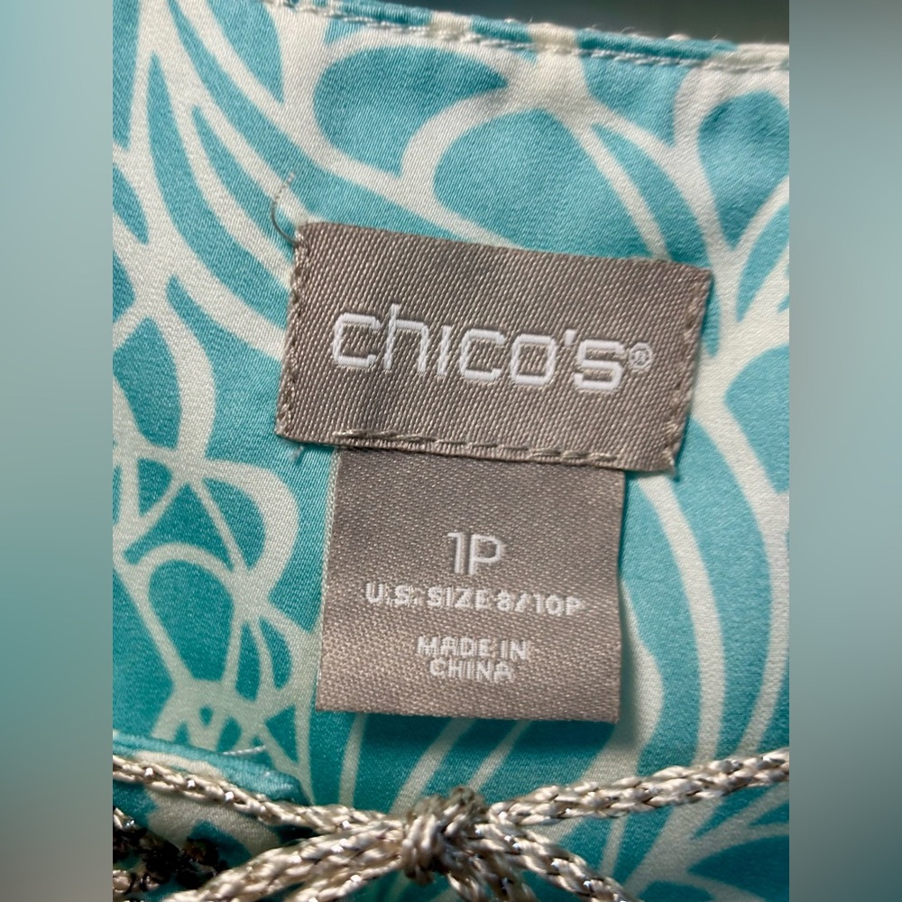 Chicos Split Neck Pullover Tunic Aqua Embroidered… - image 5
